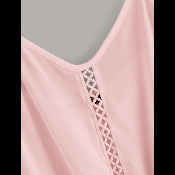 Pink Silky Eyelet Cross Pattern Down The Front W/Tied Front Lace Cami Top - Picture 3 of 7